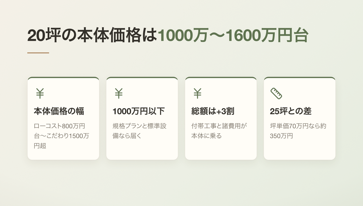 20坪の本体価格は1000万〜1600万円台