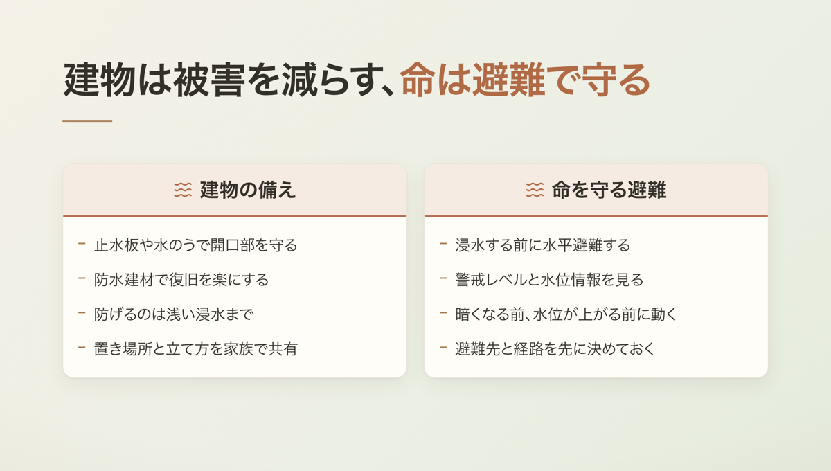 建物は被害を減らす、命は避難で守る